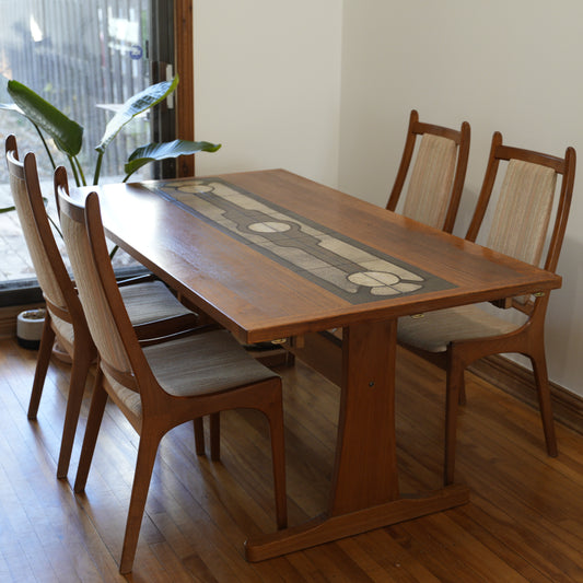 Teak Extendable Dinning Table with Ceramic Tiles, and four chairs.